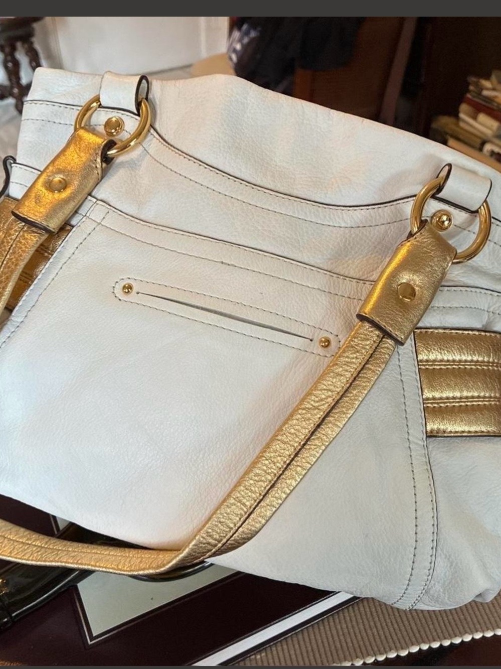 b. makowsky White Leather Shoulder Bag with Gold Accents - Picture 2 of 3